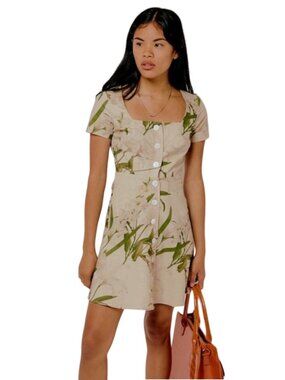 Lisa Says Gah Rita Mini Dress Floral Linen Cotton Beige Green S designer